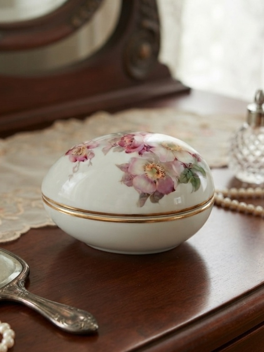 Vintage Porcelain Floral Trinket Box with Gold Trim- dates back to the 1950s